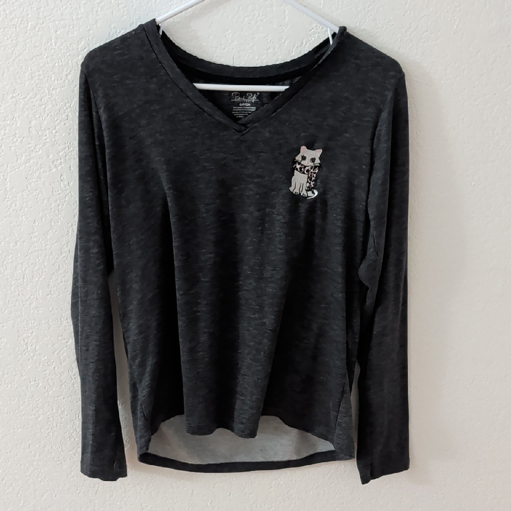 Rene Rofe Black Long Sleeve Top with Cat Design